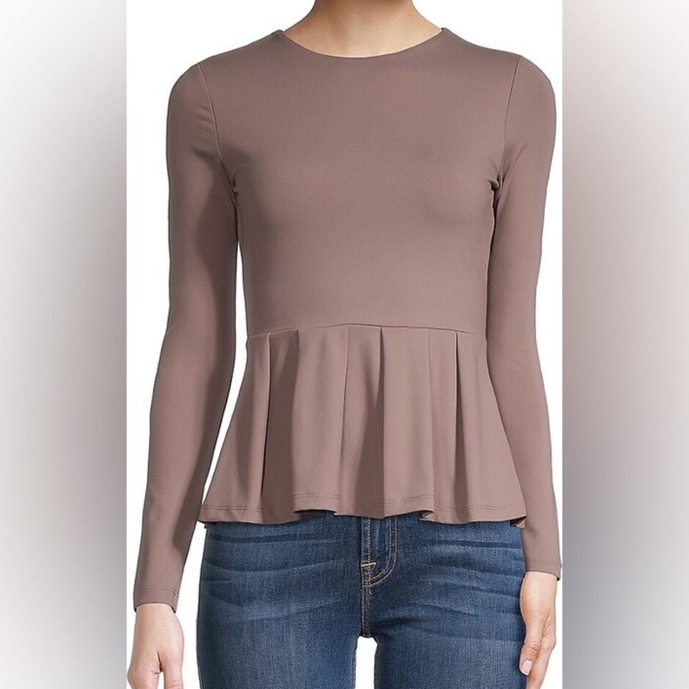 NWT Susana Monaco Long Sleeve Crew Peplum Top in Coco, size Small